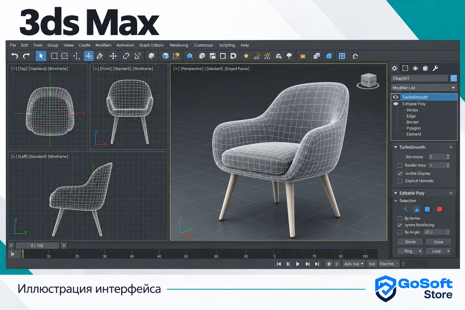Иллюстрация интерфейса 3ds Max: полигональное моделирование