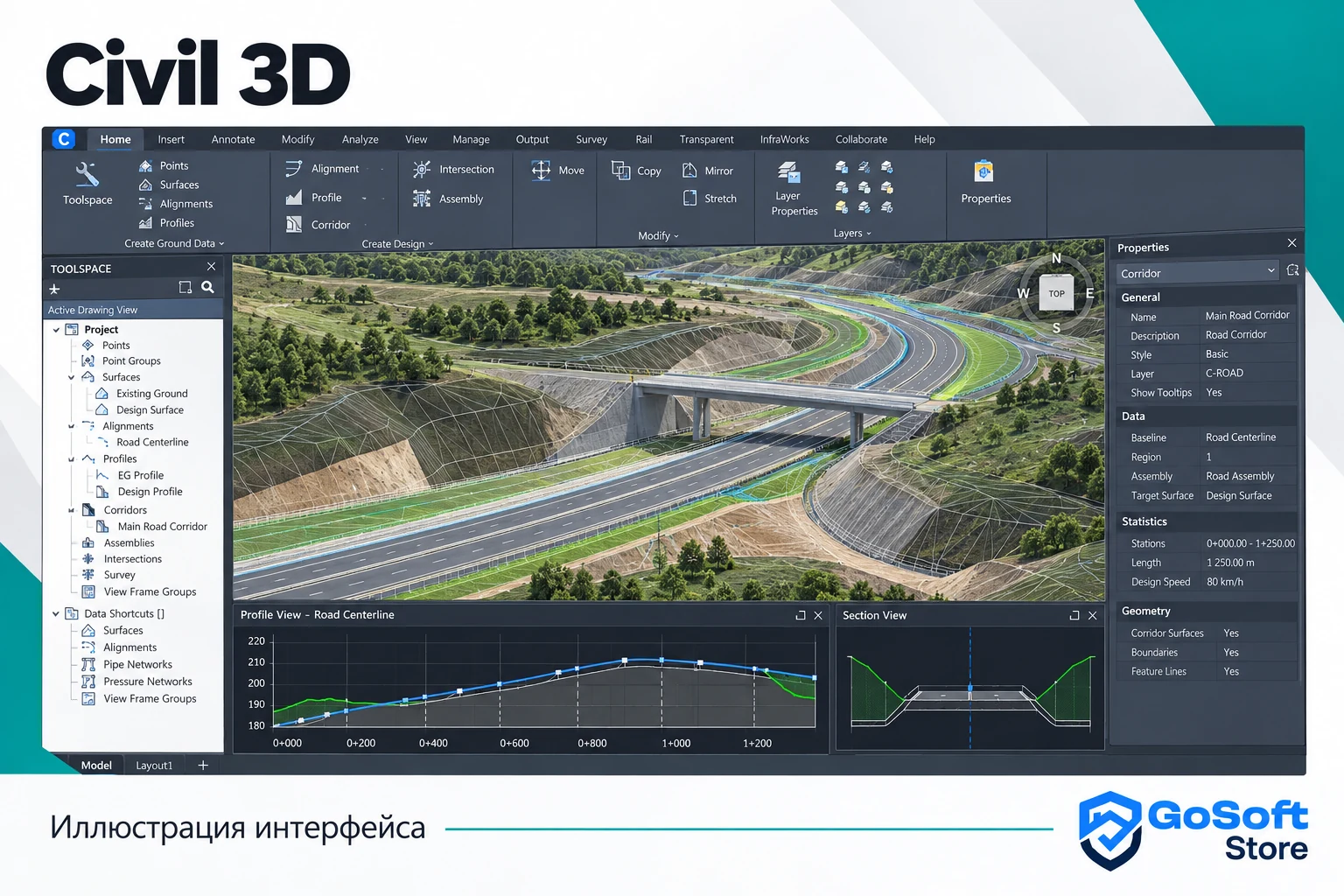 Иллюстрация интерфейса Civil 3D: трёхмерная модель рельефа
