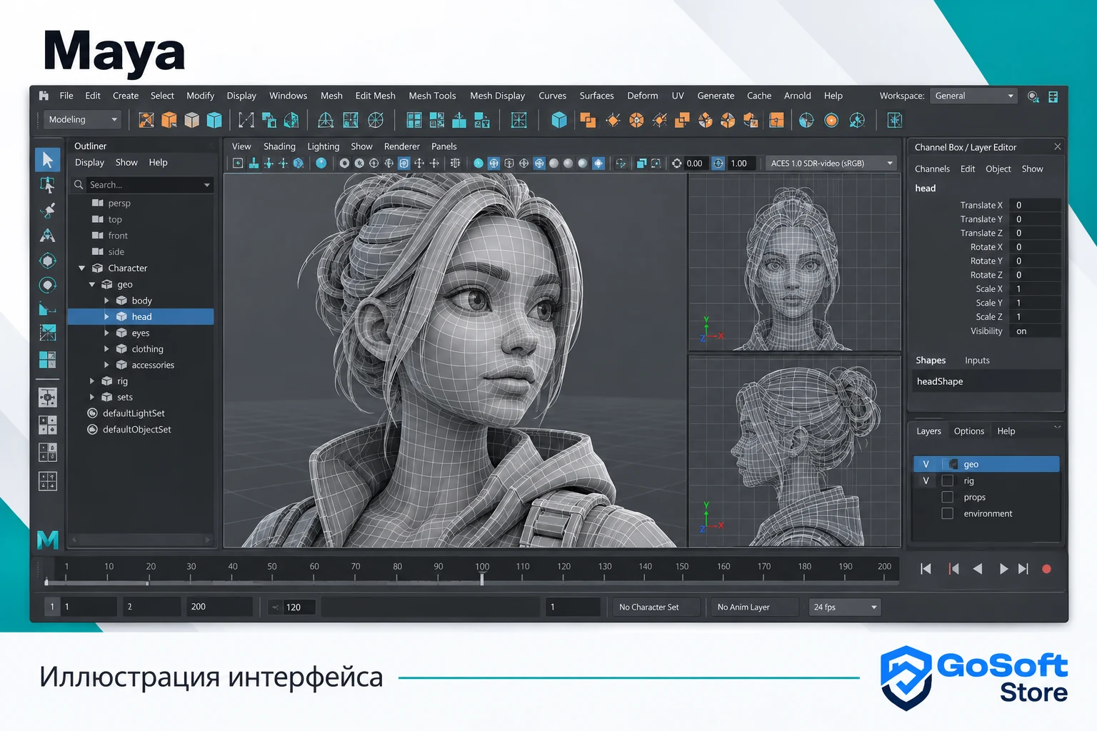 Иллюстрация интерфейса Maya: моделирование персонажа