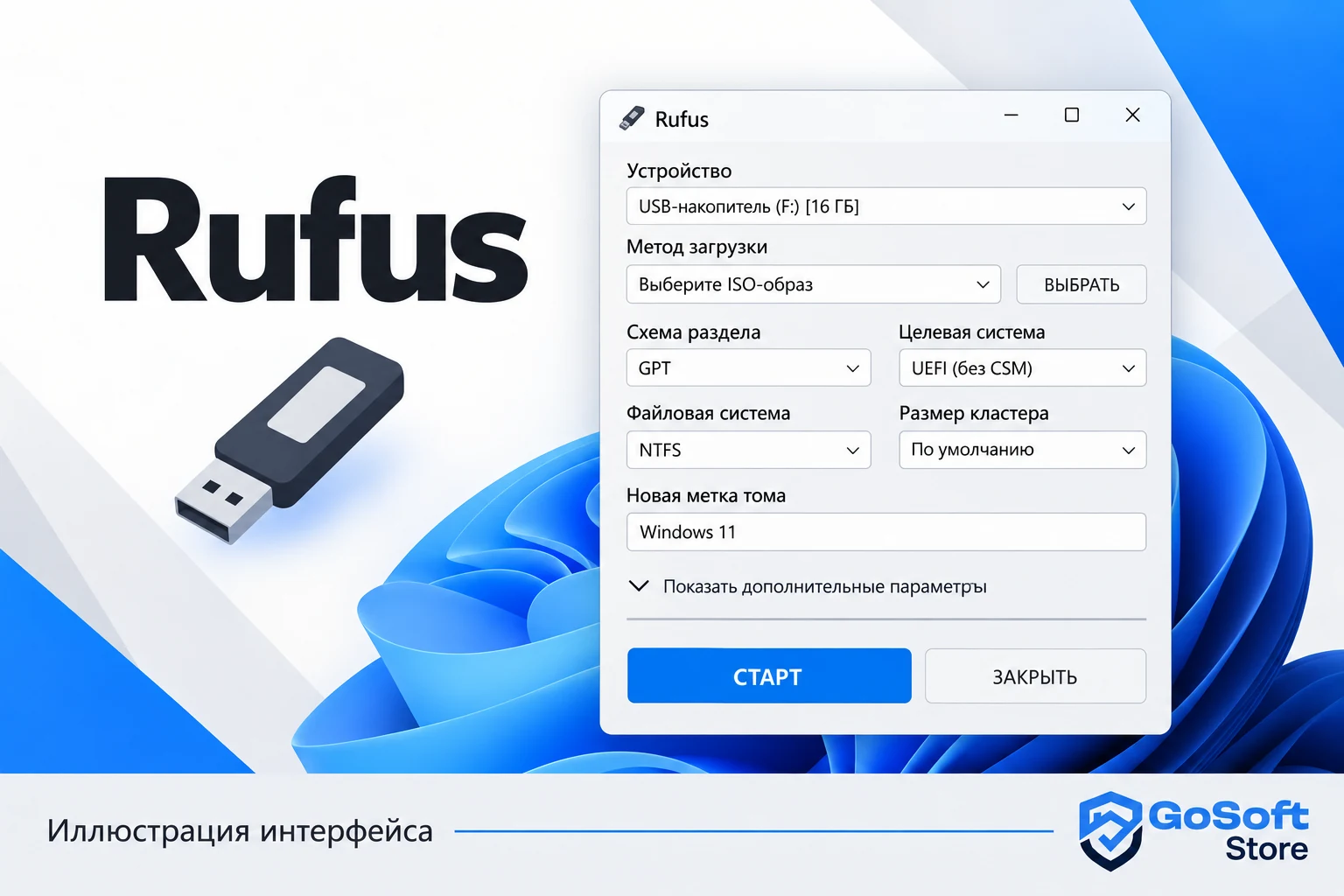 Иллюстрация интерфейса Rufus: параметры форматирования