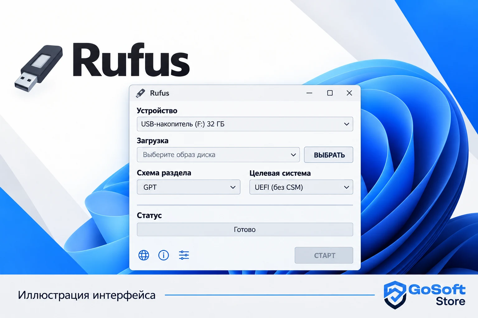 Иллюстрация интерфейса Rufus: главное окно