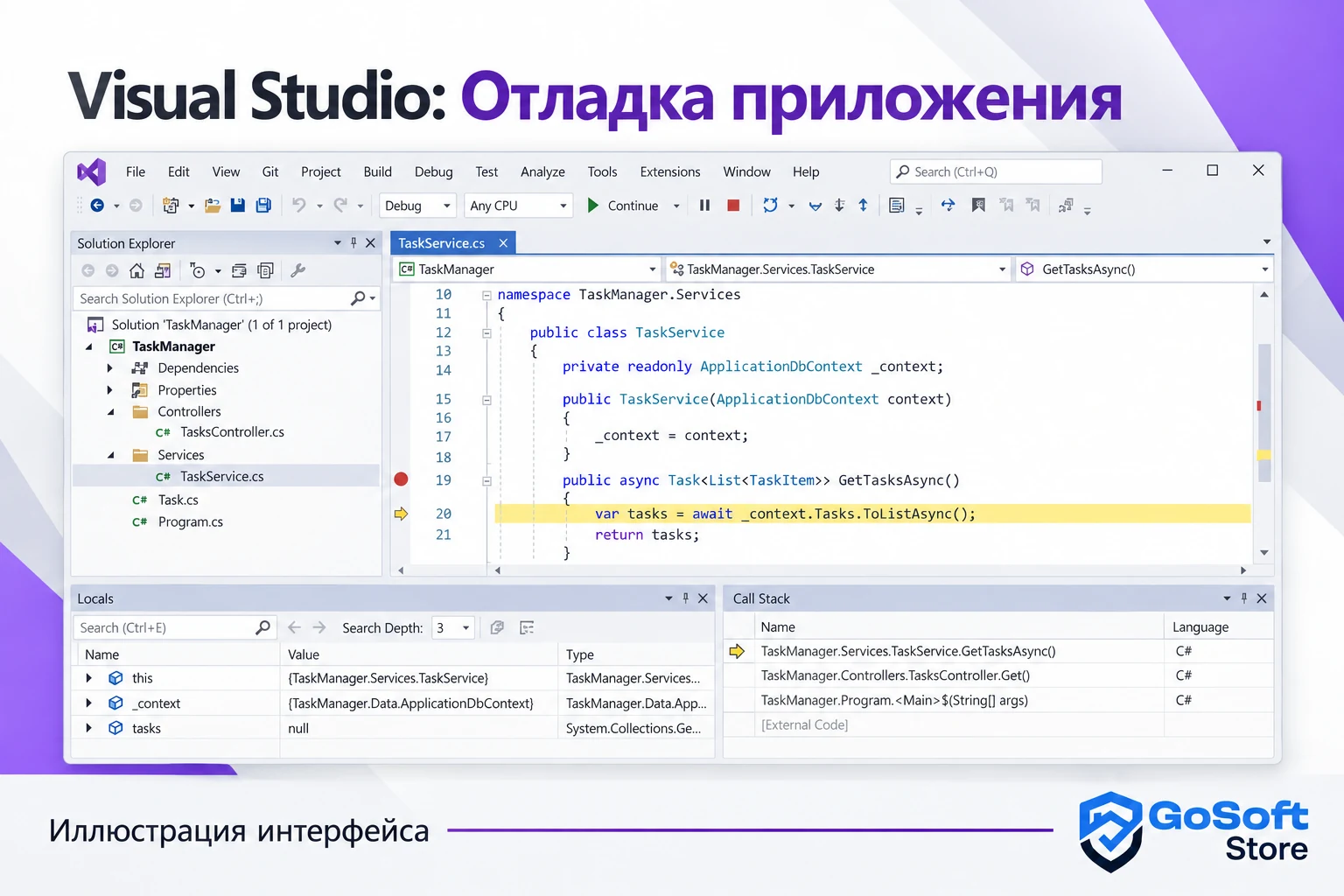 Visual Studio: отладка приложения, иллюстрация интерфейса