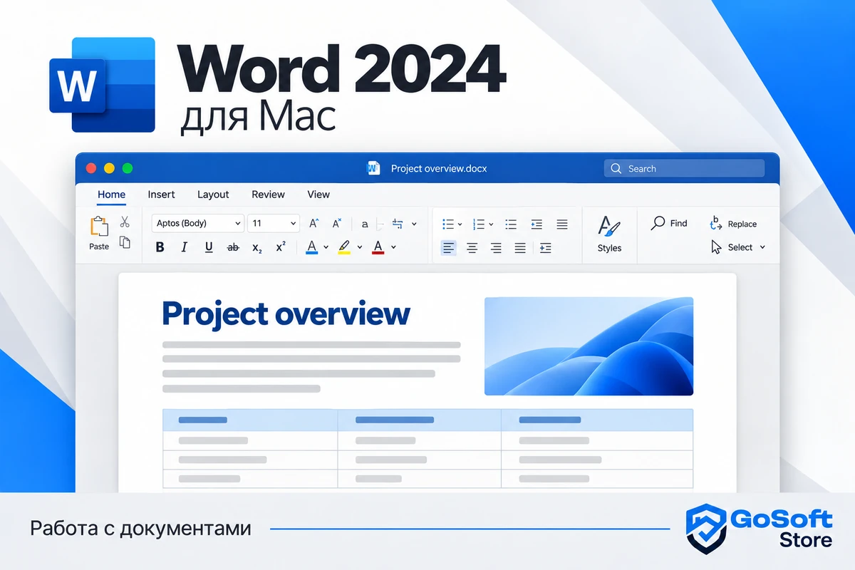 Иллюстрация работы с документом и таблицей в Word 2024 для Mac